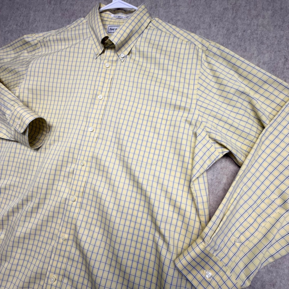 Paul Fredrick Shirt Mens 17-35 Yellow Blue Tattersall Plaid Non-Iron Cotton